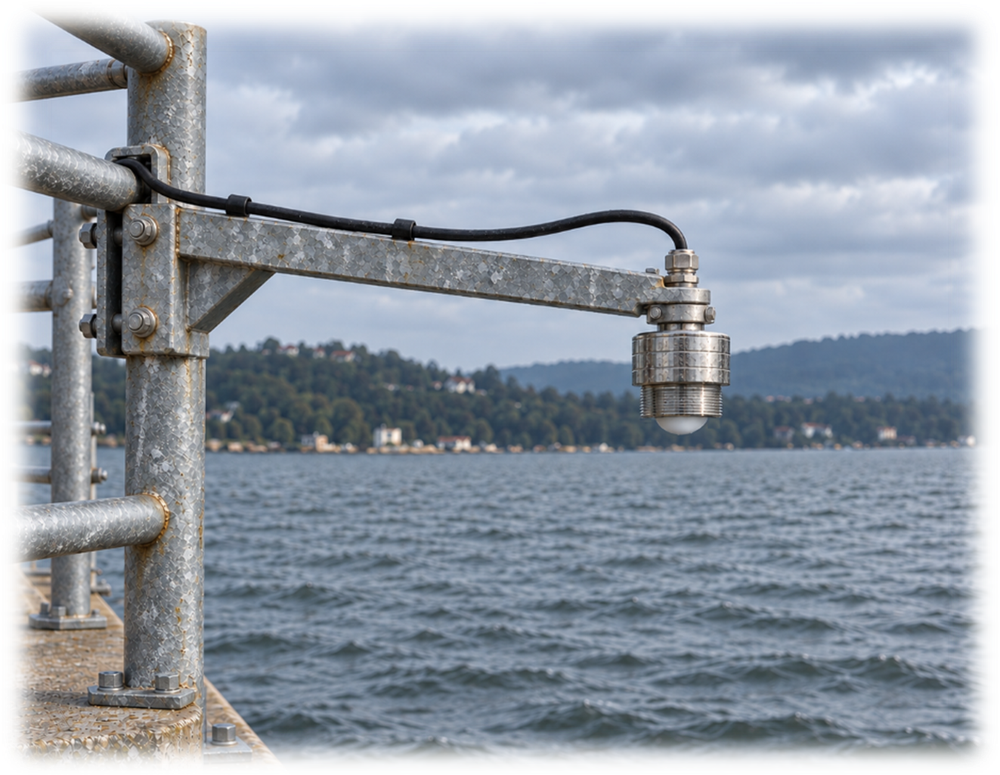 Kordil TG05 radar sensor mounted on a bracket above the water