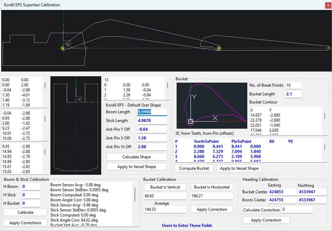 Kordil EPS machine geometry and calibration interface