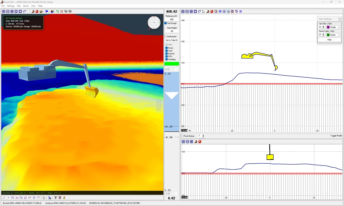 Kordil EPS 3D machine and terrain visualization with profile windows