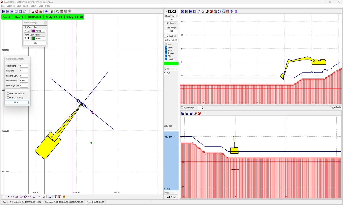 Kordil EPS plan view and excavator profile display