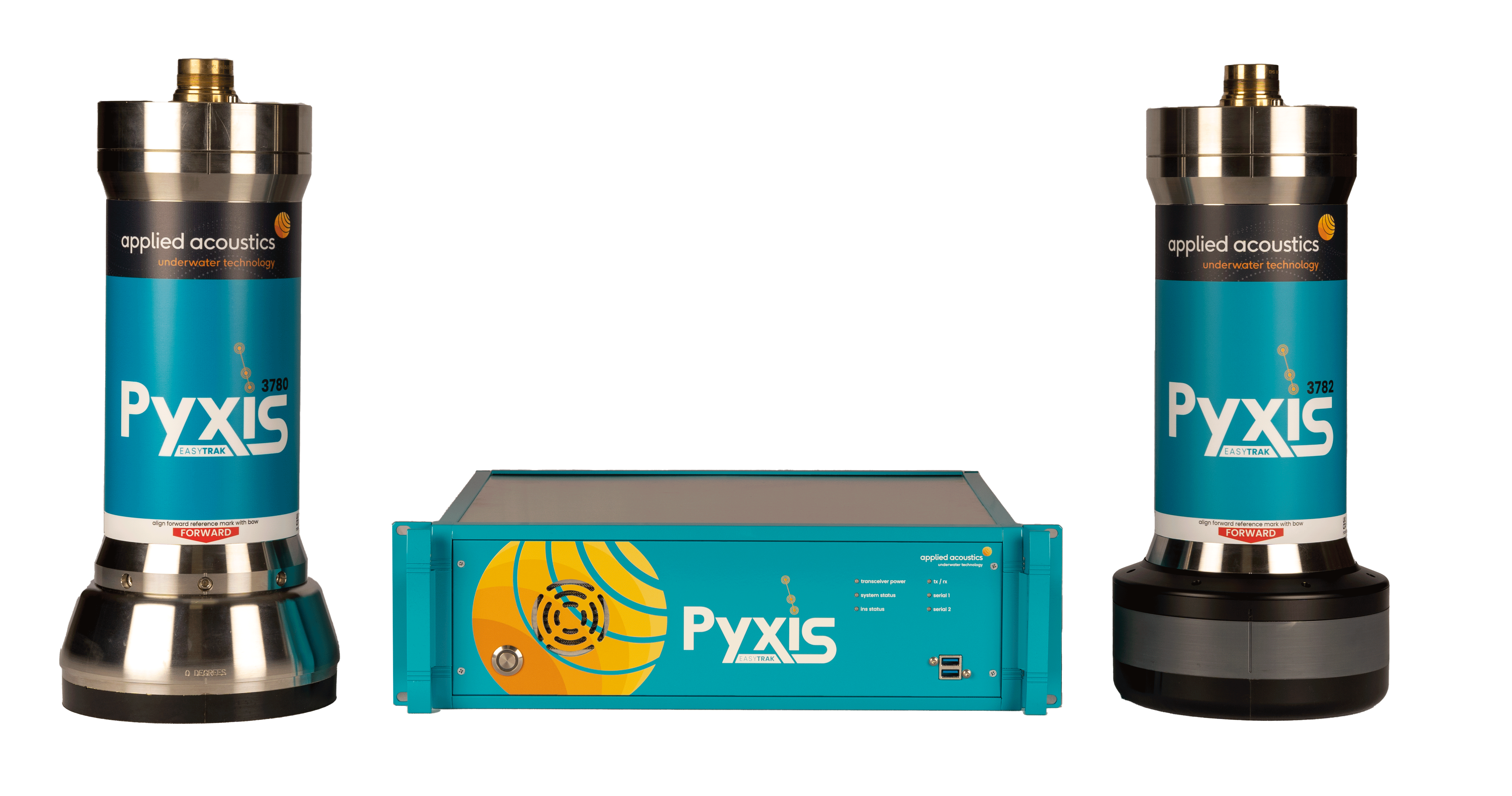 Applied Acoustics Pyxis INS and USBL positioning console with directional and omnidirectional transceivers