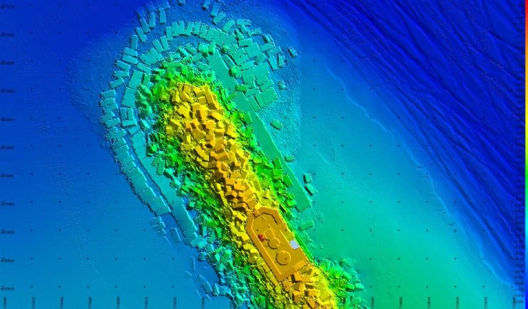 Multibeam bathymetric model of a breakwater and surrounding seabed
