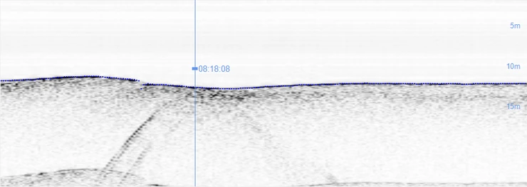 Sub-bottom acoustic section showing the seabed and deeper reflectors for geological and target interpretation.