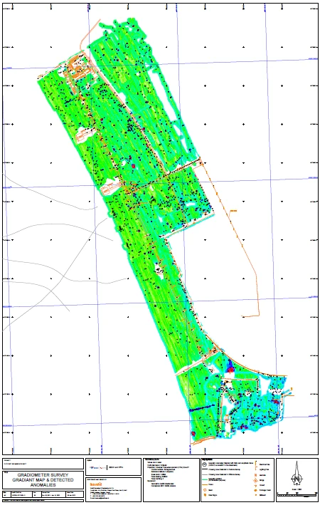 Gradiometer survey map showing the survey footprint and detected magnetic anomalies.