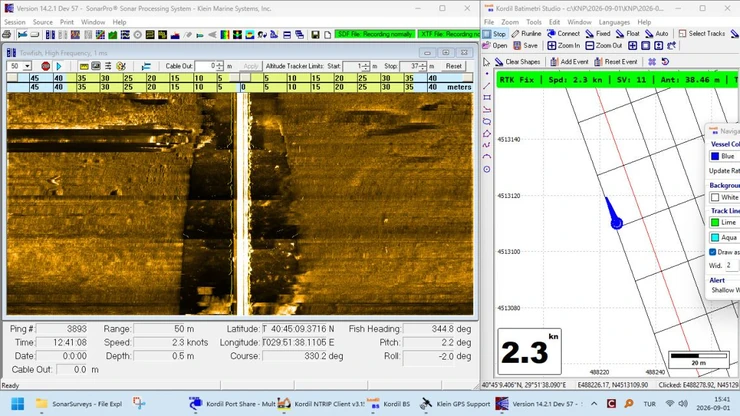 Side-scan sonar acquisition displayed alongside survey-line navigation and vessel position.